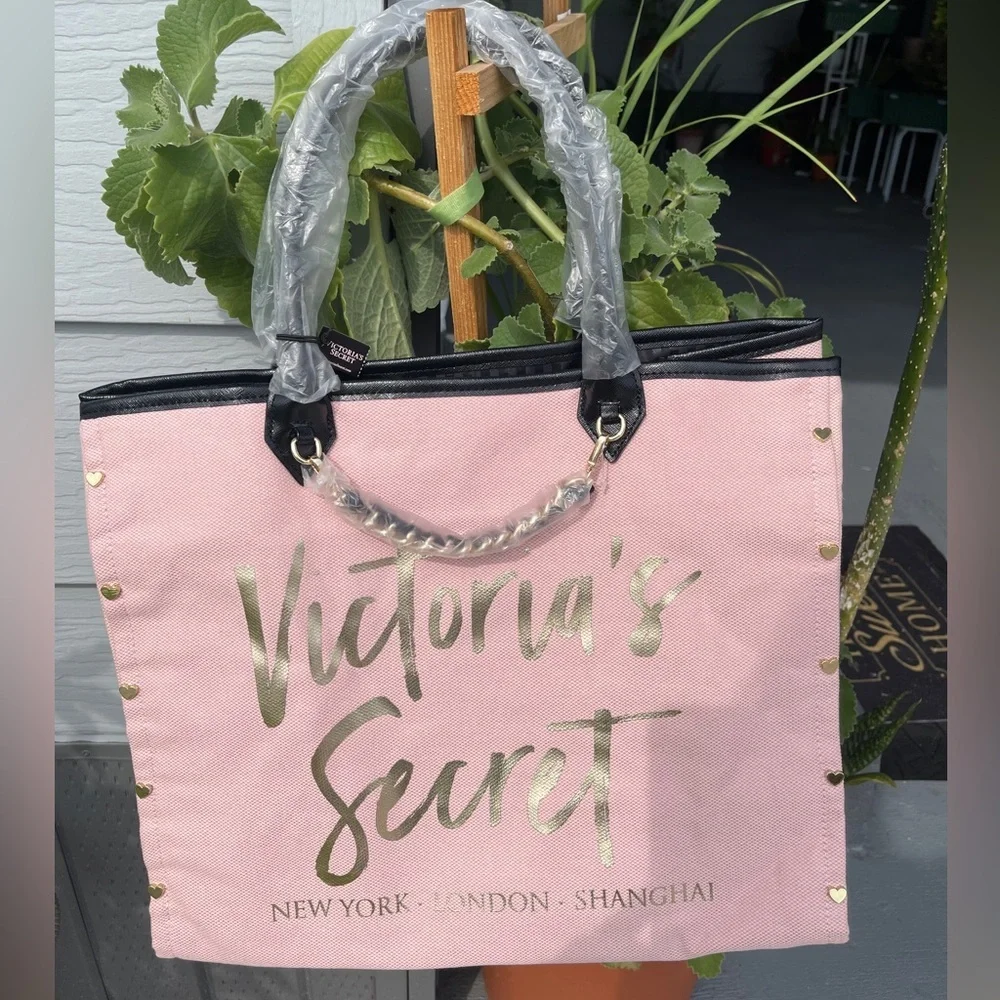 VICTORIA SECRET Gold Chain Leather Black Handle Tote In Pink/Gold - Picture 5 of 9